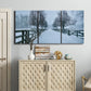 Three-panel canvas wall art featuring snow covered rural road photograph, displayed above a cabinet in an entryway.