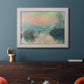 Impressionist winter river sunset scene by Claude Monet in an ornate weathered white frame displayed in a dark-toned interior setting.