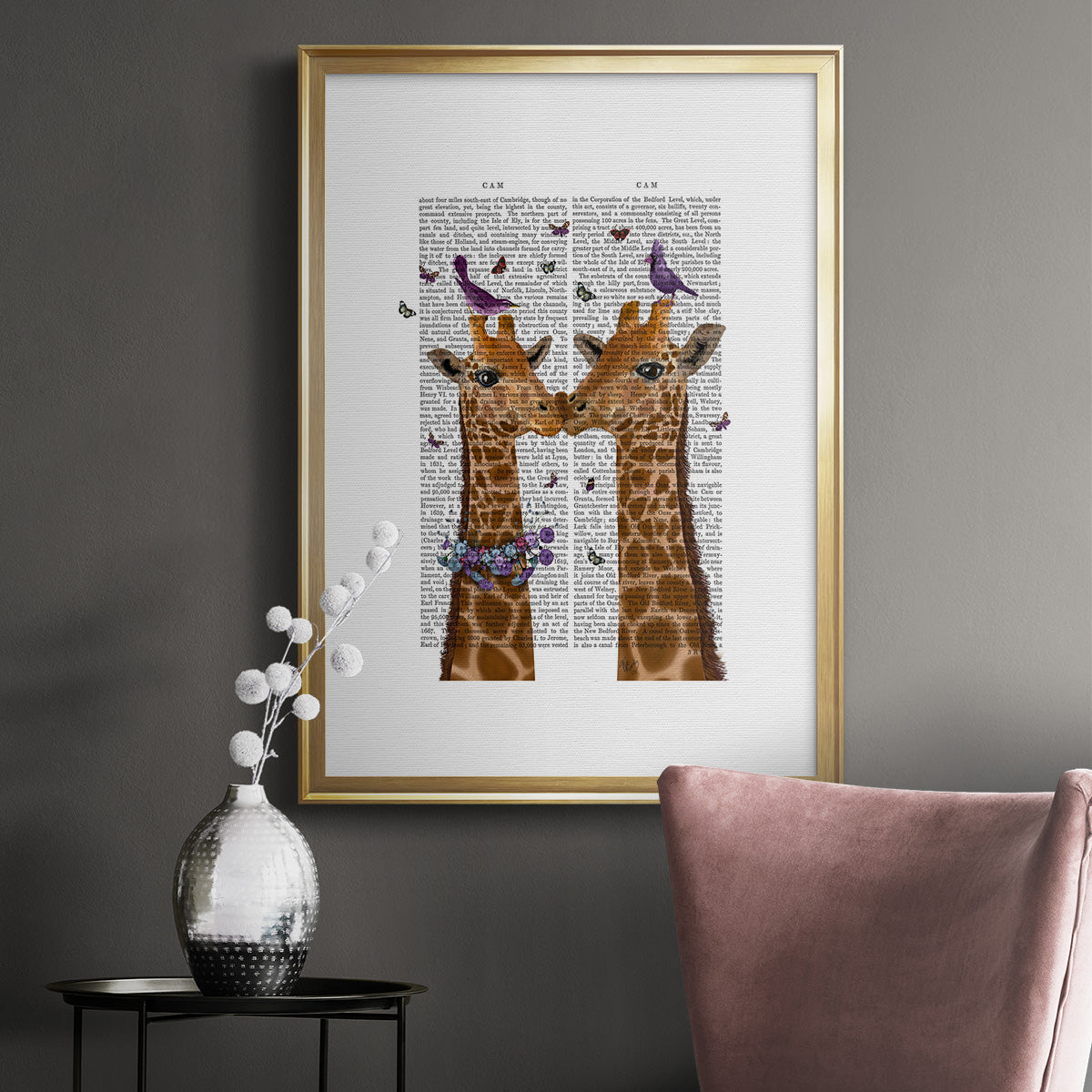 Kissing Giraffes with Birds - Modern Framed Canvas Print