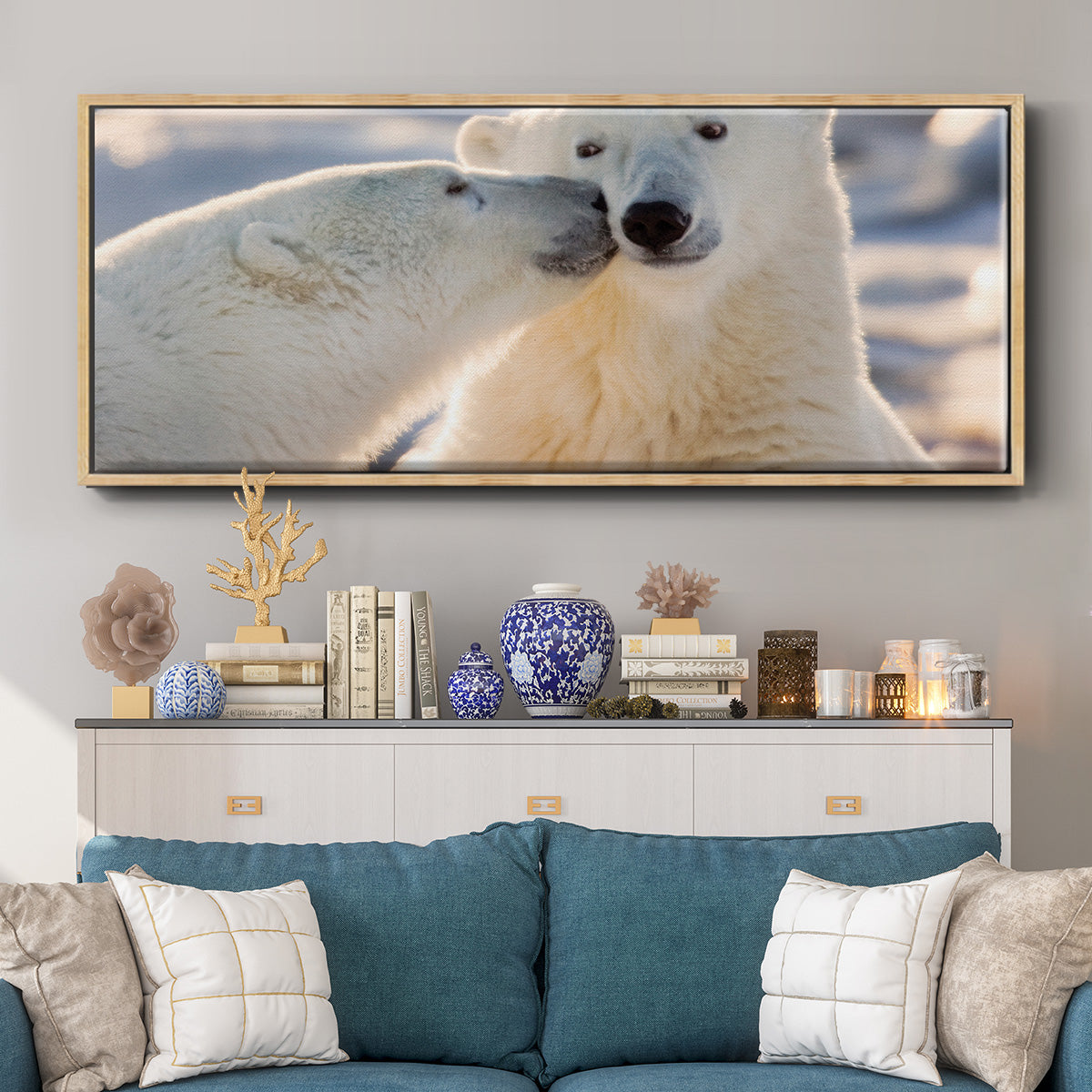 Polar Bear Kiss - Floater Framed Canvas Print