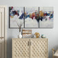 Three-panel canvas wall art featuring abstract water inspired composition, displayed above a cabinet in an entryway.