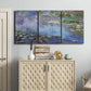 Three-panel canvas wall art featuring water lilies emerging through mist, displayed above a cabinet in an entryway.