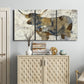 Three-panel canvas wall art featuring farm animal portrait in rustic setting, displayed above a cabinet in an entryway.