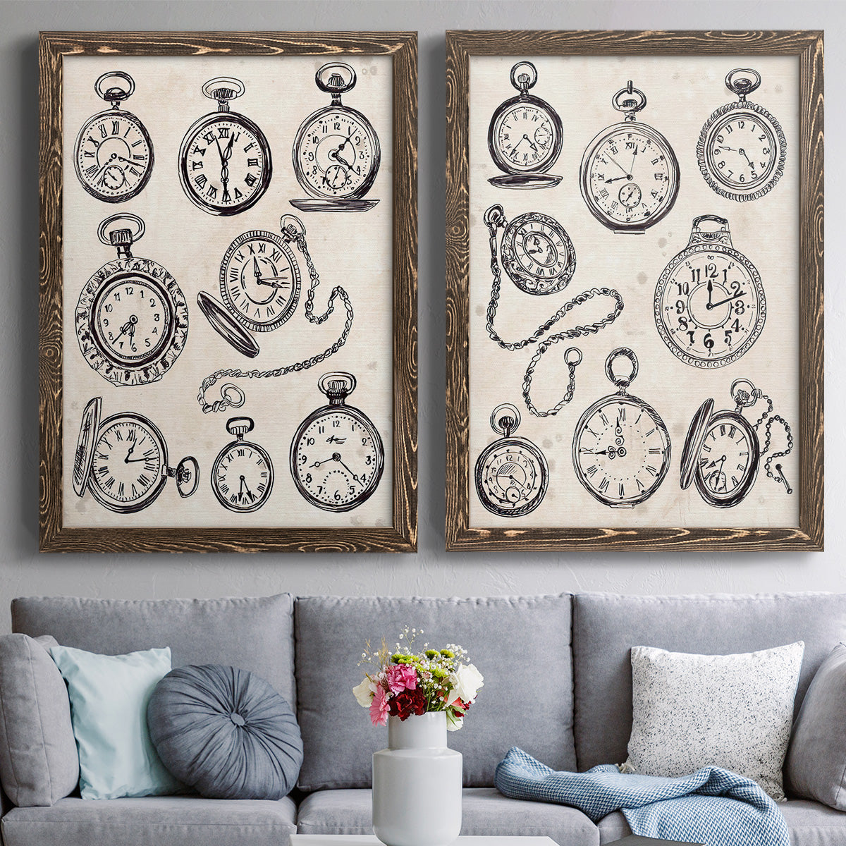 Pocket Watch Sketches I - Premium Framed Canvas 2 Piece Set - Ready to Hang