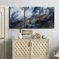 Three-panel canvas wall art featuring soft abstract landscape anticipation tones, displayed above a cabinet in an entryway.