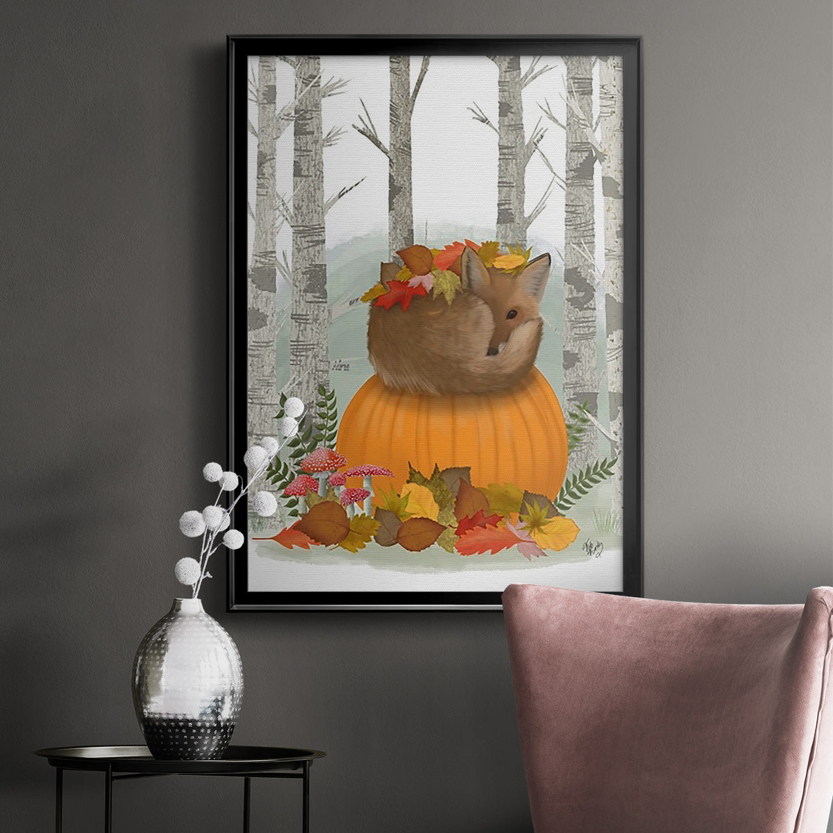 Fox Curled on Pumpkin - Modern Framed Canvas Print