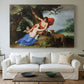 Canvas art print detailing a Baroque painting of nude figures Venus and Adonis with Cupid in forest, centered above a sofa as a large focal wall piece