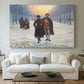 Canvas art print detailing a rural winter landscape with people walking together, centered above a sofa as a large focal wall piece
