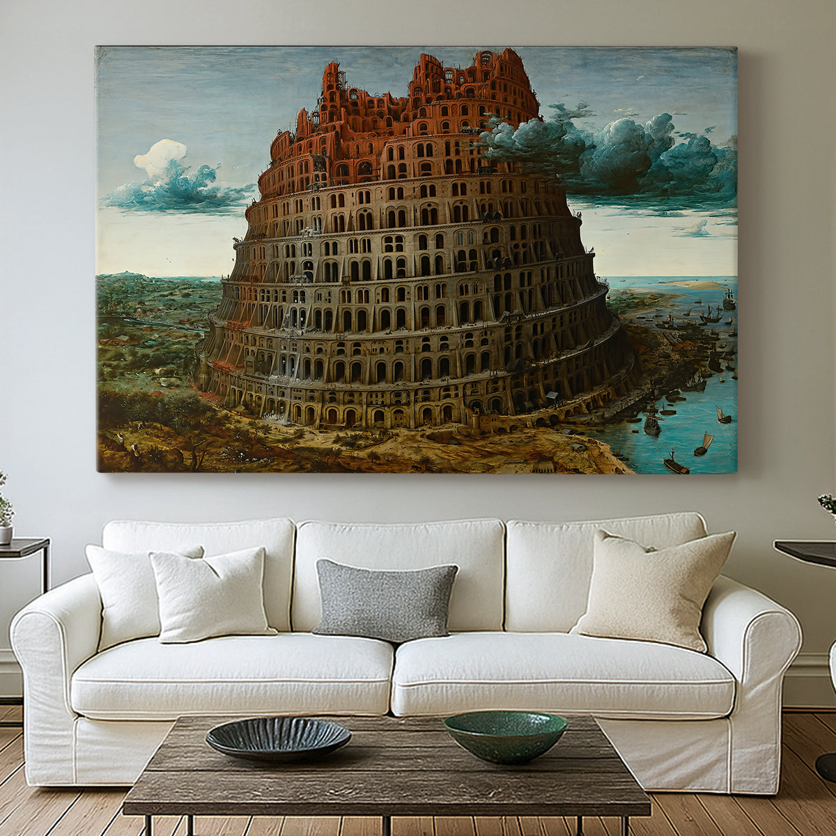 Canvas art print detailing a traditional composition showing large-scale building project, centered above a sofa as a large focal wall piece