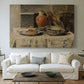 Canvas art print detailing a still life emphasizing texture and form of household items, centered above a sofa as a large focal wall piece