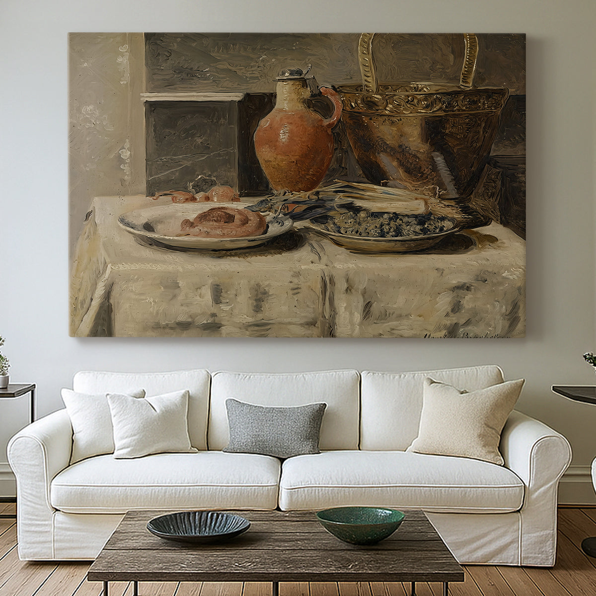 Canvas art print detailing a still life emphasizing texture and form of household items, centered above a sofa as a large focal wall piece