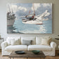 Canvas art print detailing a shoreline view with fishing boats and distant horizon, centered above a sofa as a large focal wall piece