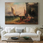 Canvas art print detailing a narrative composition with people and shoreline setting, centered above a sofa as a large focal wall piece