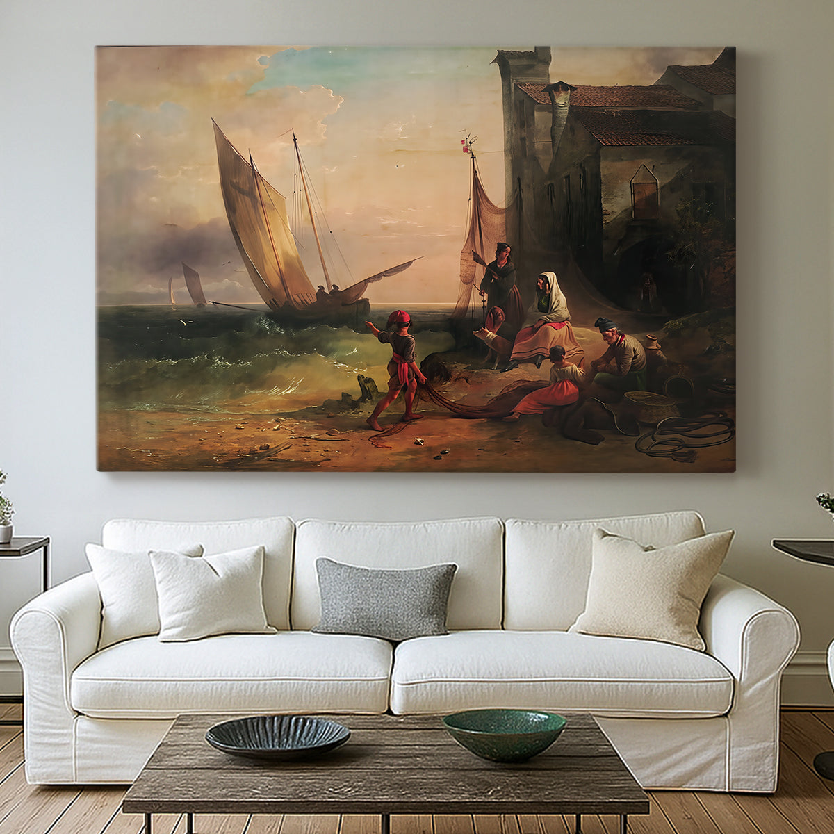 Canvas art print detailing a narrative composition with people and shoreline setting, centered above a sofa as a large focal wall piece
