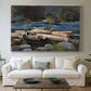 Canvas art print detailing a landscape focusing on waterway and atmospheric depth, centered above a sofa as a large focal wall piece