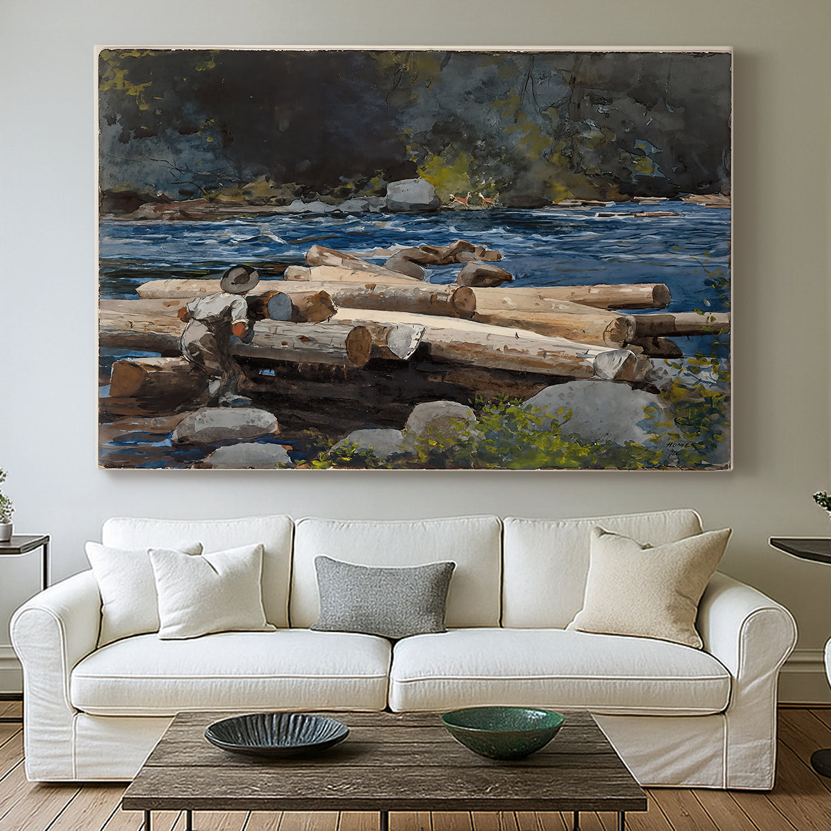 Canvas art print detailing a landscape focusing on waterway and atmospheric depth, centered above a sofa as a large focal wall piece