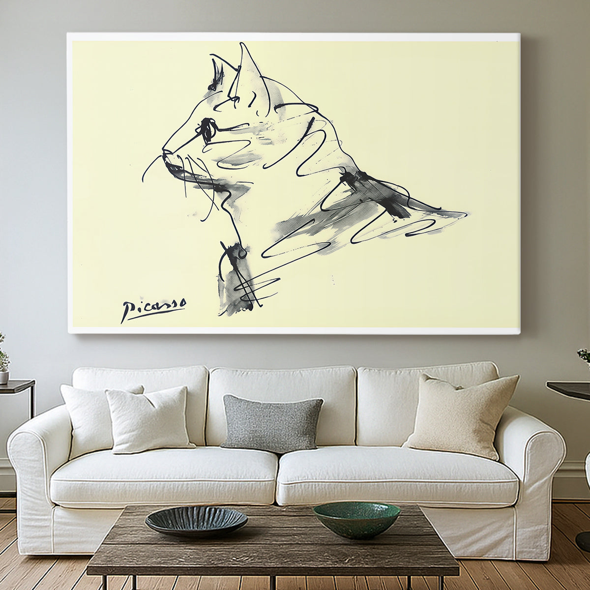 Canvas art print detailing an expressive outline drawing of basic cat form, centered above a sofa as a large focal wall piece