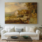 Canvas art print detailing a landscape featuring mill and natural terrain, centered above a sofa as a large focal wall piece