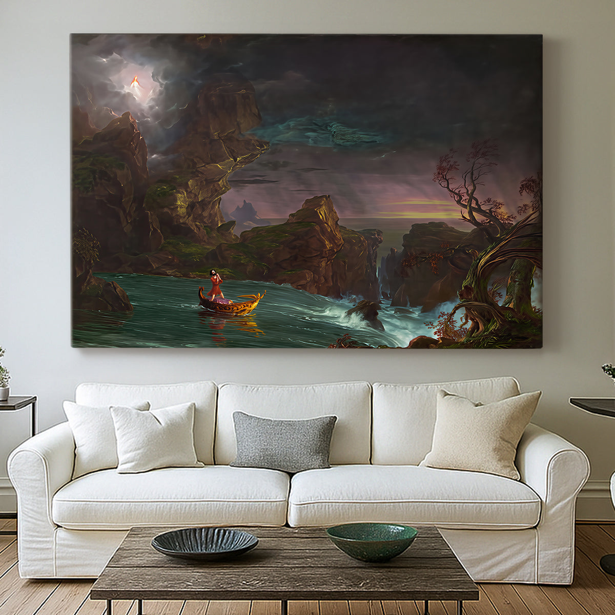 Canvas art print detailing a romantic composition emphasizing struggle and movement, centered above a sofa as a large focal wall piece
