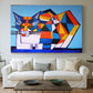 Canvas art print detailing an expressive design with color blocks, centered above a sofa as a large focal wall piece