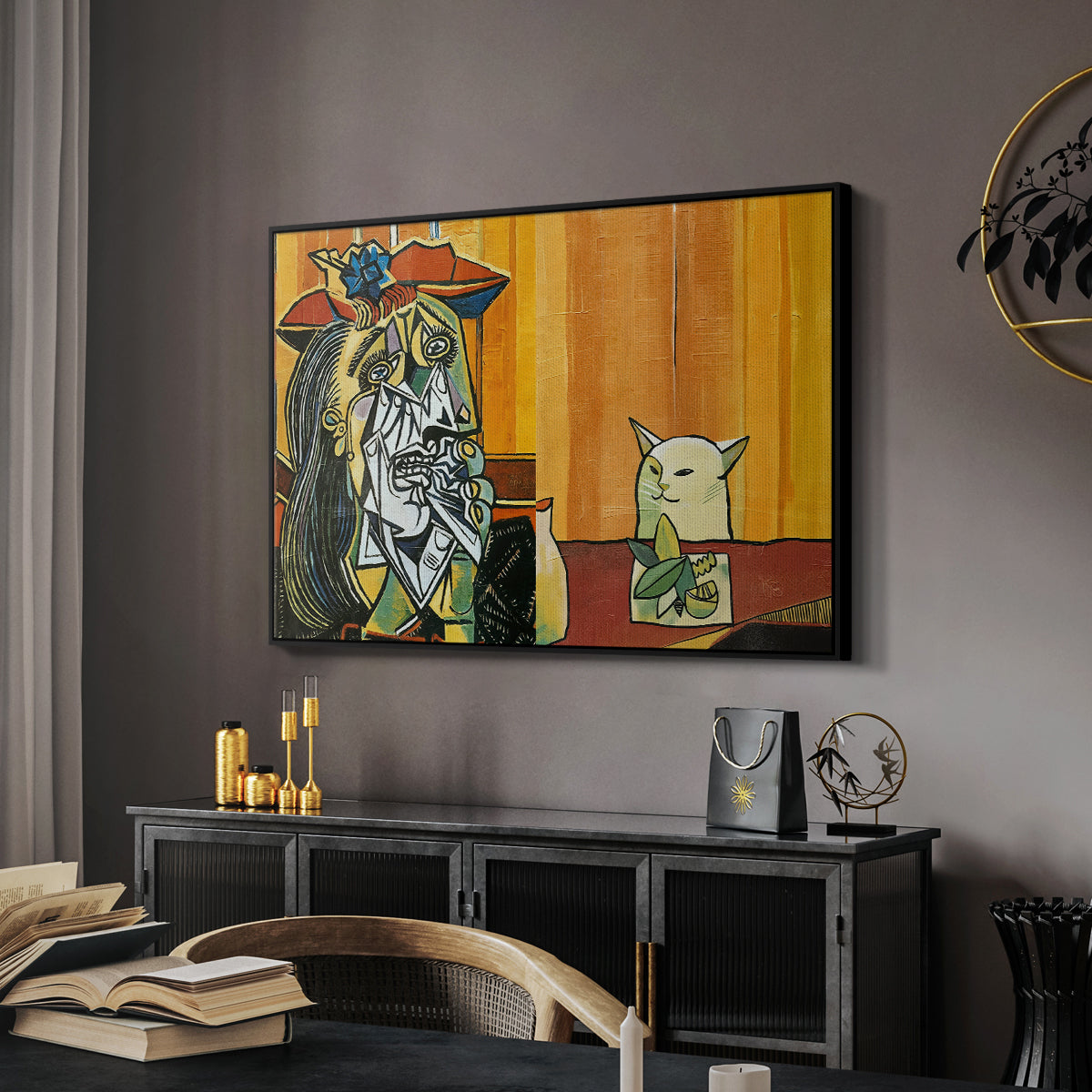 Woman Yelling at a Cat Meme (Picasso Parody) - Floater Framed Canvas Print