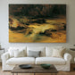 Canvas art print detailing a realistic forest stream, centered above a sofa as a large focal wall piece