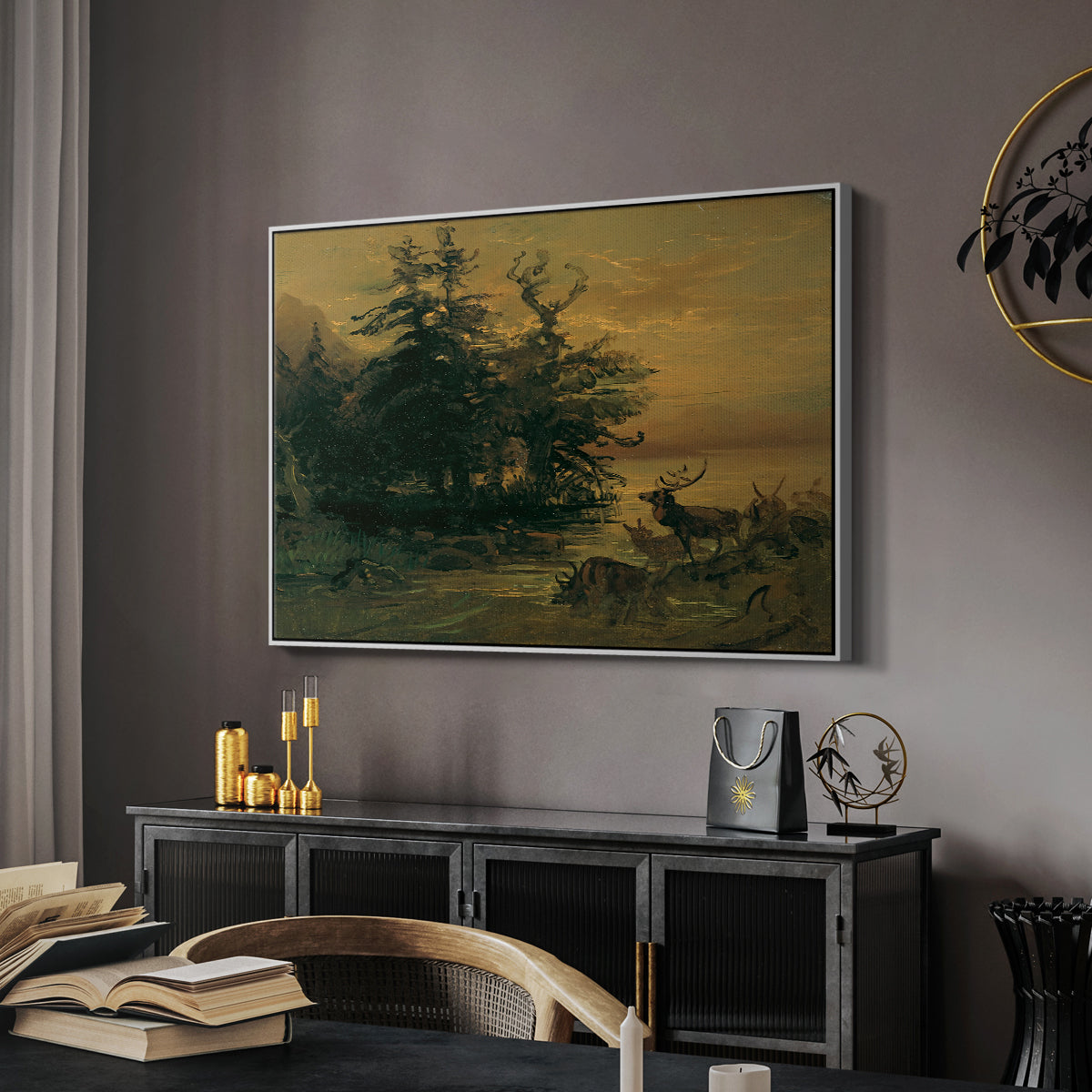 Wallowing Deer on the Shore of a Mountain Lake, c. 1850 - Floater Framed Canvas Print