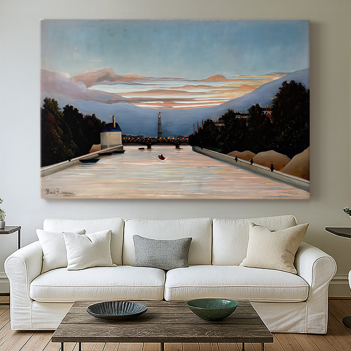 Canvas art print detailing an architectural scene featuring Eiffel Tower and sky, centered above a sofa as a large focal wall piece