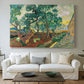 Canvas art print detailing a stylized garden composition with movement, centered above a sofa as a large focal wall piece