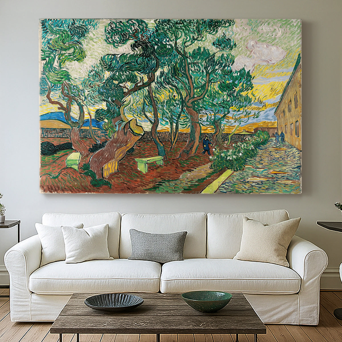 Canvas art print detailing a stylized garden composition with movement, centered above a sofa as a large focal wall piece