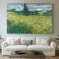 Canvas art print detailing a countryside composition with wheat and cypress, centered above a sofa as a large focal wall piece