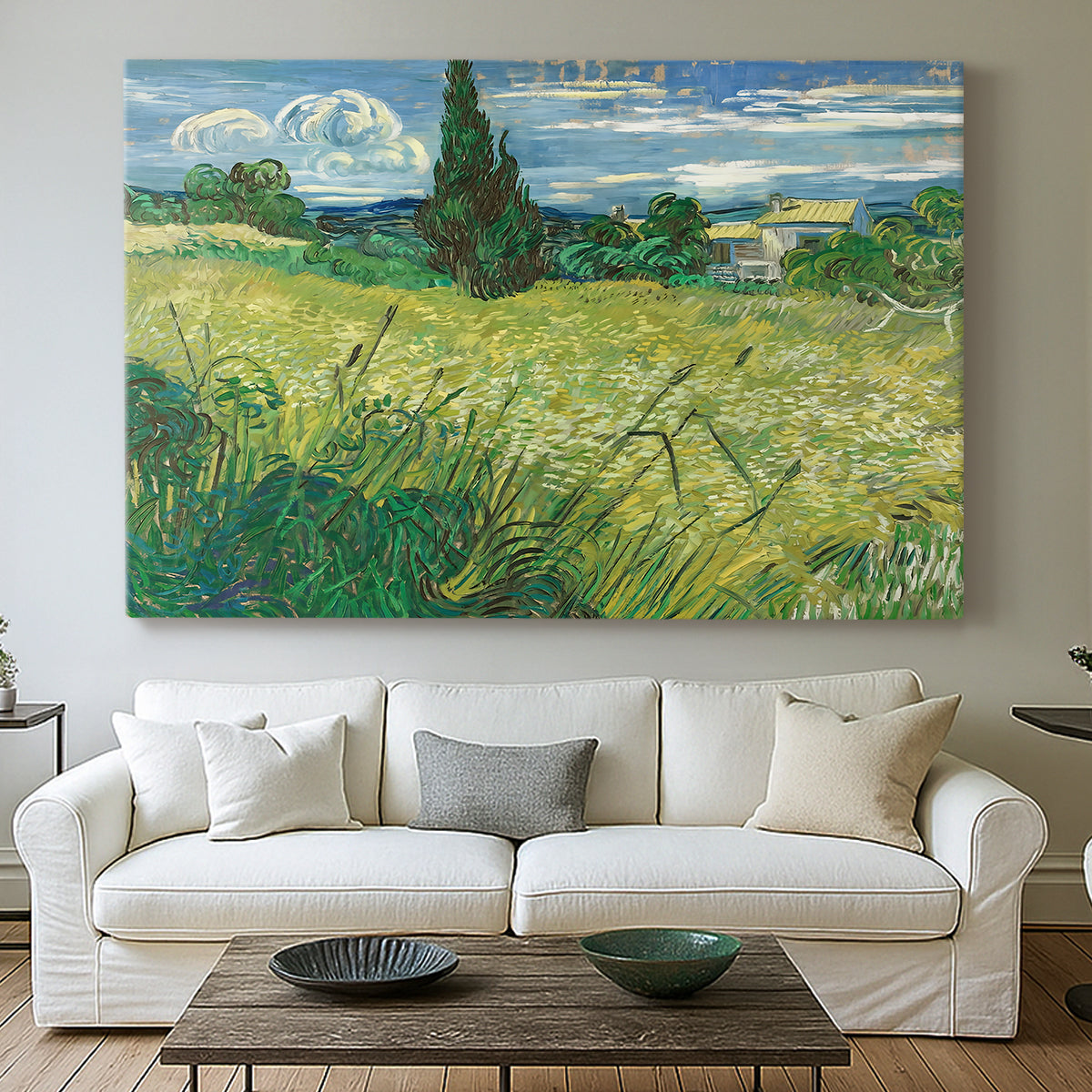 Canvas art print detailing a countryside composition with wheat and cypress, centered above a sofa as a large focal wall piece