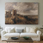 Canvas art print detailing a scenic view combining ruins and water, centered above a sofa as a large focal wall piece