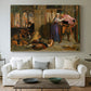 Canvas art print detailing a romantic scene with detailed setting and dramatic lighting, centered above a sofa as a large focal wall piece