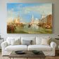 Canvas art print detailing a coastal urban composition, centered above a sofa as a large focal wall piece