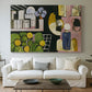 Canvas art print detailing a stylized interior-exterior scene, centered above a sofa as a large focal wall piece