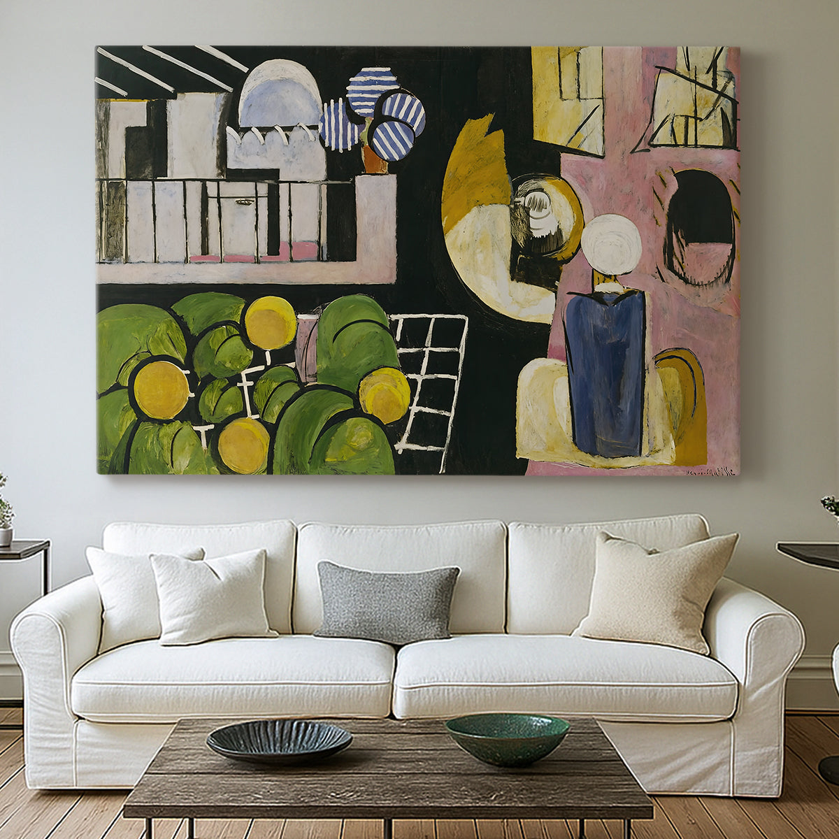 Canvas art print detailing a stylized interior-exterior scene, centered above a sofa as a large focal wall piece