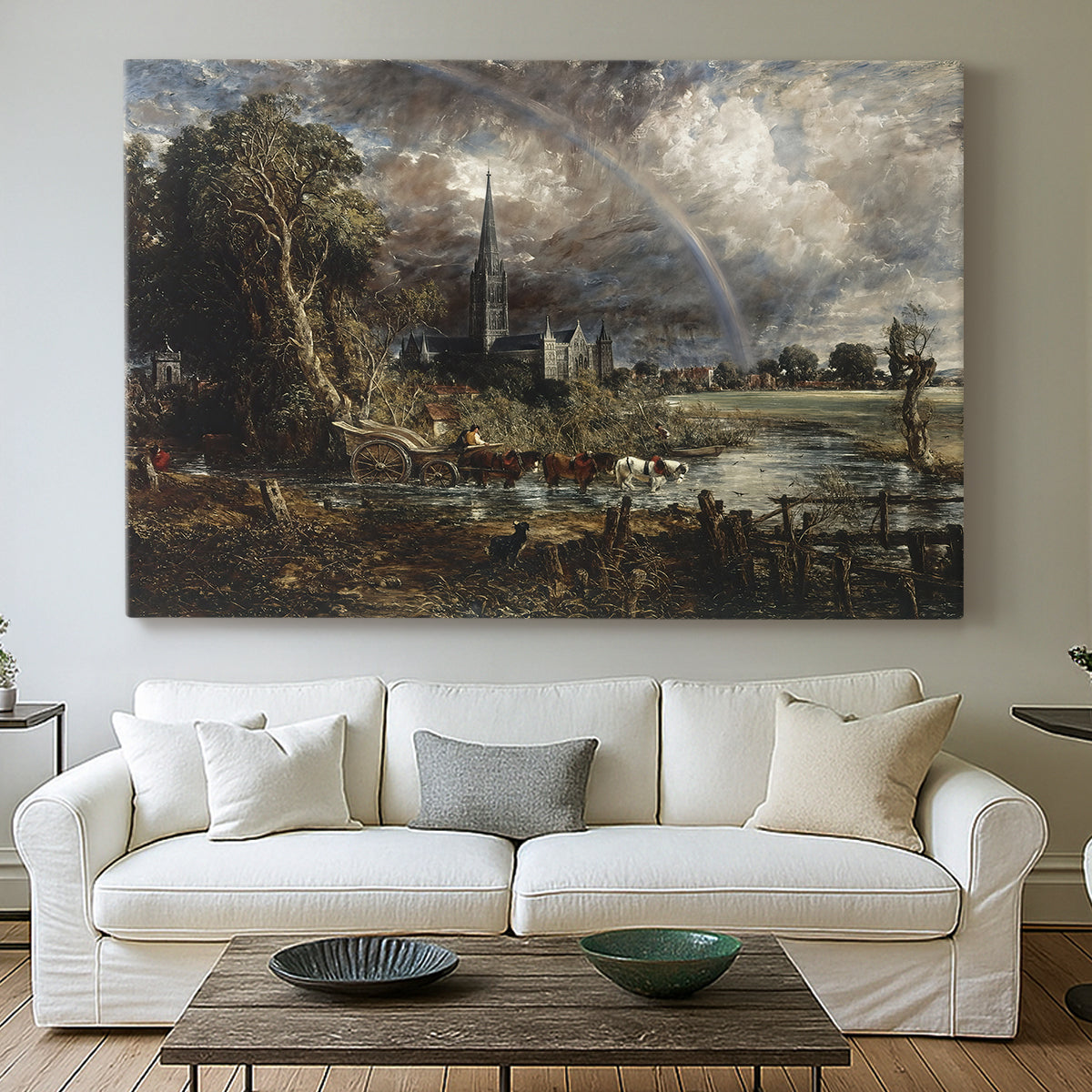 Canvas art print detailing a landscape detail emphasizing environment, centered above a sofa as a large focal wall piece