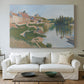 Canvas art print detailing a pointillist composition with town and natural surroundings, centered above a sofa as a large focal wall piece