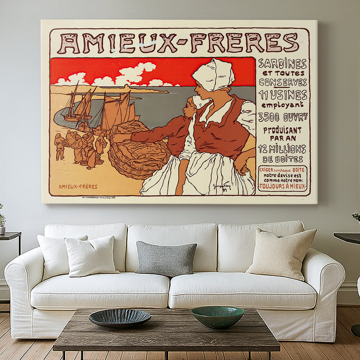 Canvas art print detailing a decorative commercial poster with figures and text in Art Nouveau style, centered above a sofa as a large focal wall piece