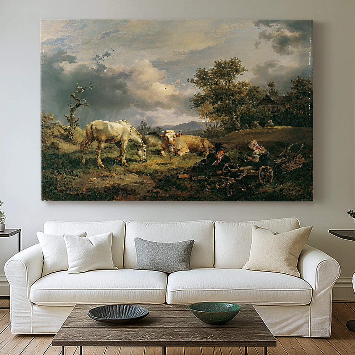 Canvas art print detailing a realistic depiction of resting couple, centered above a sofa as a large focal wall piece