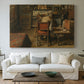 Canvas art print detailing a quiet workspace with figure engaged in artistic task, centered above a sofa as a large focal wall piece