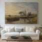 Canvas art print detailing a countryside view with barge and waterway, centered above a sofa as a large focal wall piece