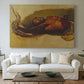 Canvas art print detailing an expressive depiction of conflict between man and animal, centered above a sofa as a large focal wall piece