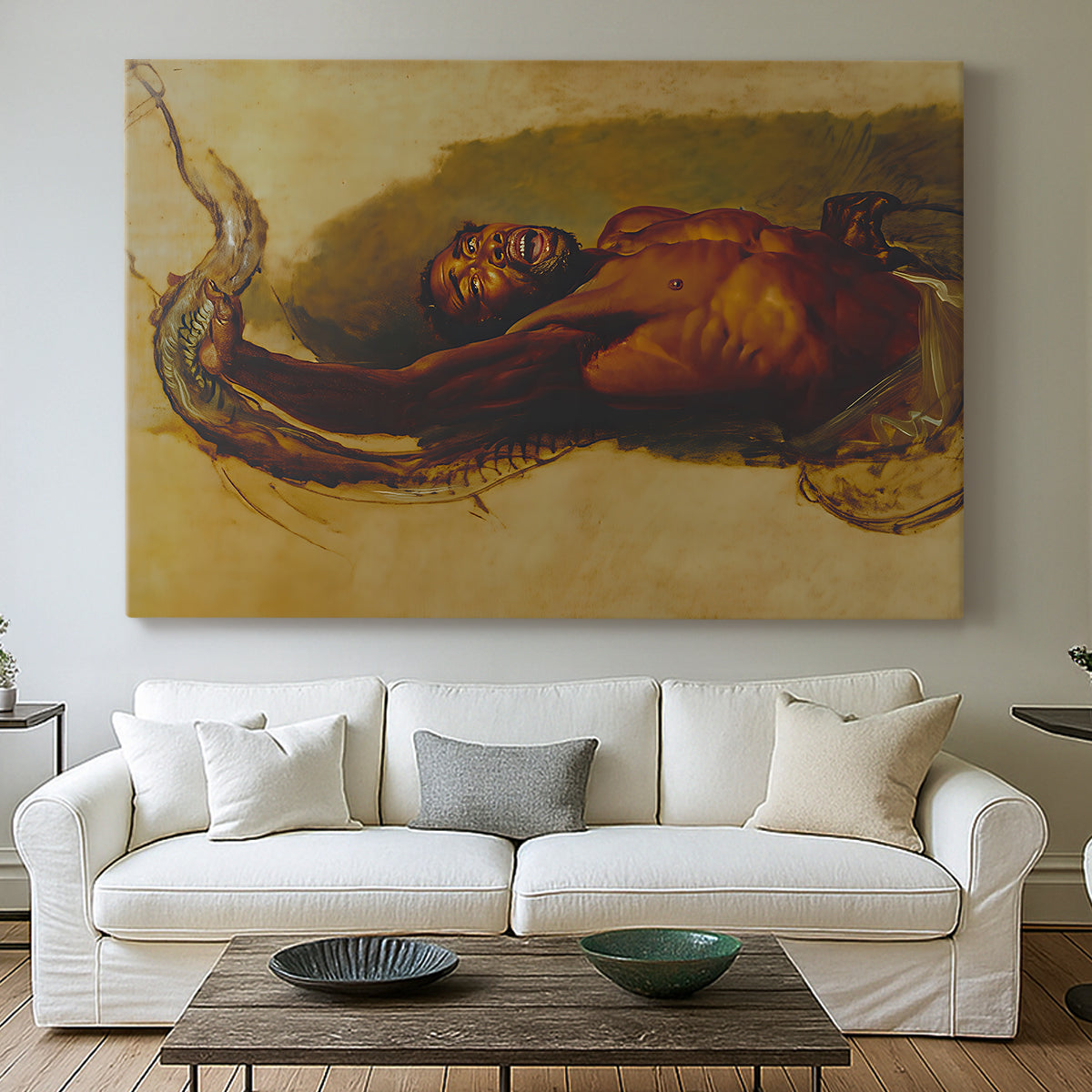 Canvas art print detailing an expressive depiction of conflict between man and animal, centered above a sofa as a large focal wall piece