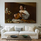 Canvas art print detailing a Baroque depiction of musician with detailed textures and lighting, centered above a sofa as a large focal wall piece