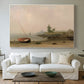 Canvas art print detailing a luminist composition emphasizing stillness and light, centered above a sofa as a large focal wall piece