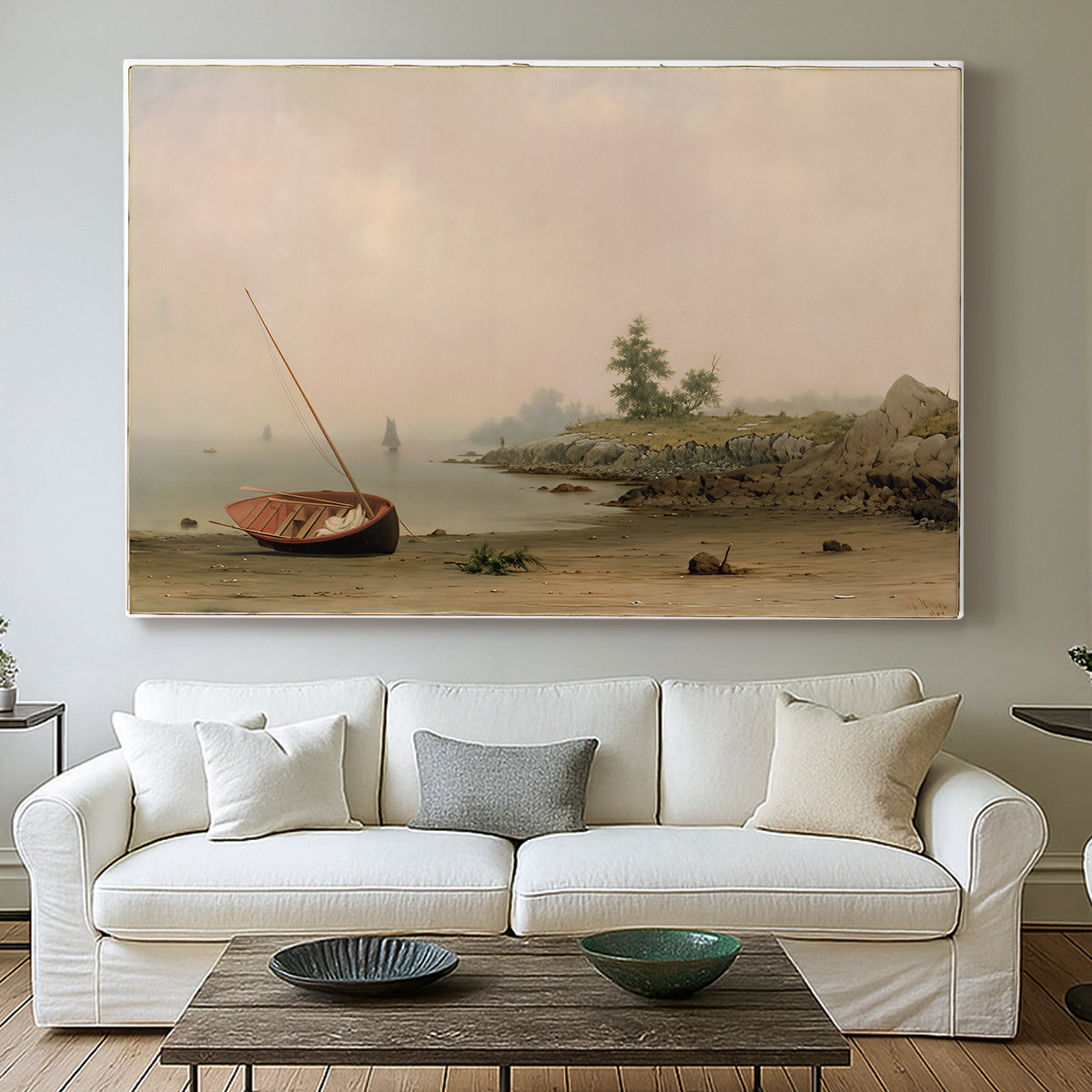 Canvas art print detailing a luminist composition emphasizing stillness and light, centered above a sofa as a large focal wall piece