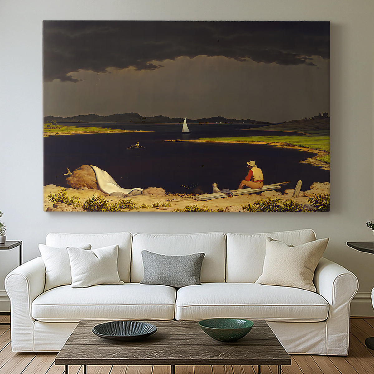 Canvas art print detailing a natural scene capturing changing weather, centered above a sofa as a large focal wall piece