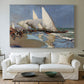 Canvas art print detailing a lively seaside composition with boats and people, centered above a sofa as a large focal wall piece